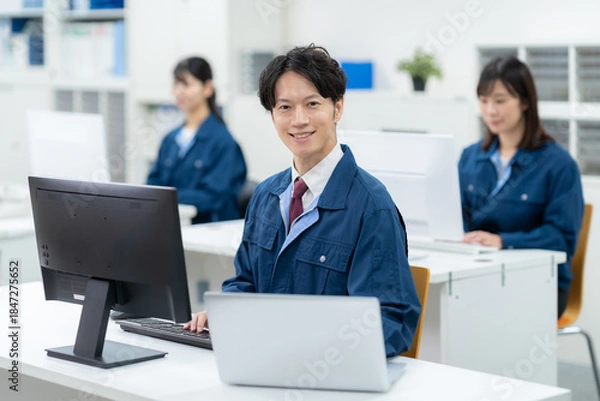 Obraz オフィスで仕事をする作業服のエンジニア