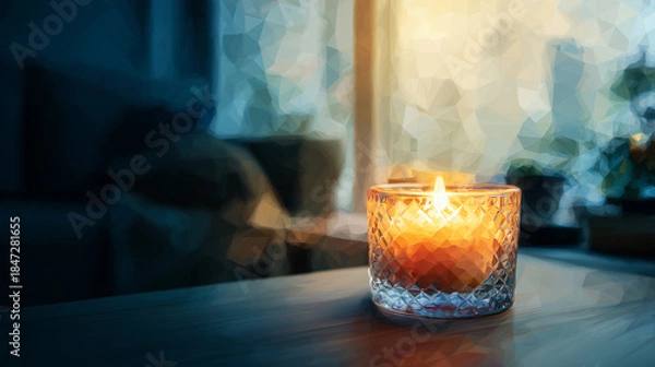Obraz ダイニングの棚の上で、キャンドルホルダーが灯りを受け止め静かに輝く夜の室内風景の水彩ポリゴン