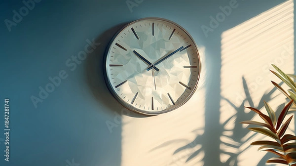 Obraz 朝日に照らされたリビングの壁で、掛け時計が静かに時を刻む日常のワンシーンの水彩ポリゴン