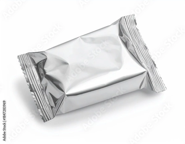 Obraz Silver foil-wrapped rectangular package on white background, angled view