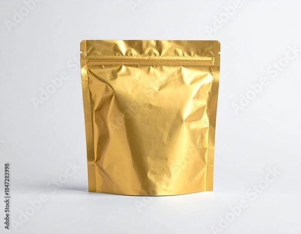 Obraz Golden pouch standing on a white surface, minimal lighting