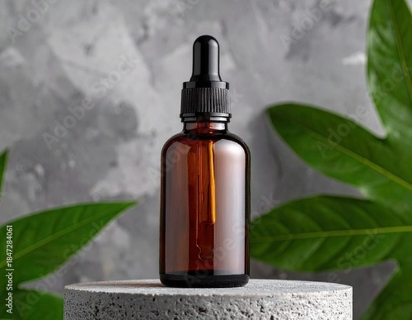 Obraz Amber glass dropper bottle on a concrete pedestal with green leaves