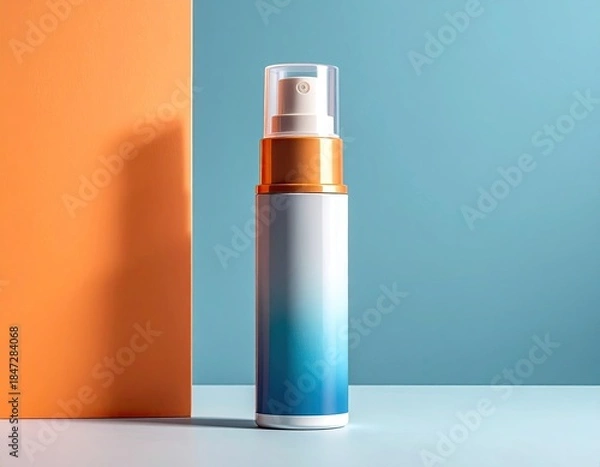 Obraz A skincare spray bottle with a gradient against orange & blue backdrop