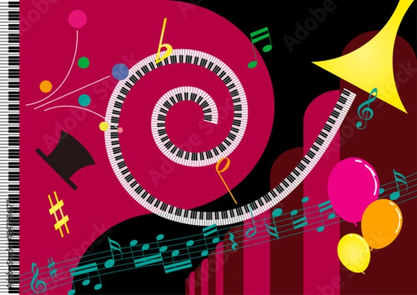 Obraz シンプルなイラストのミュージックカード　音符　鍵盤