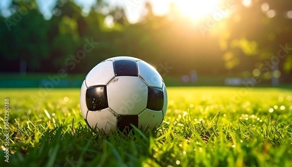 Obraz Soccer ball rests on grass