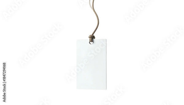 Fototapeta A plain white rectangular tag hanging from a twisted brown string against a black background