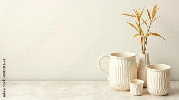 Fototapeta Creamy ceramic vessels with dried foliage pottery vase