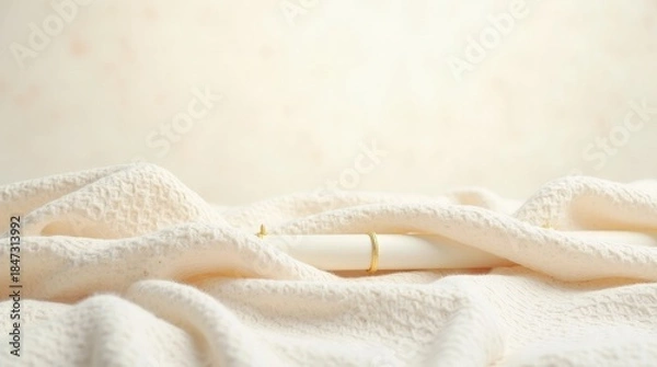 Fototapeta Creamy Textured Fabric With Delicate Gold Ring soft