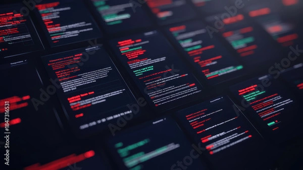 Obraz Layered code screens with glowing syntax and data points, futuristic tech ambience, moody