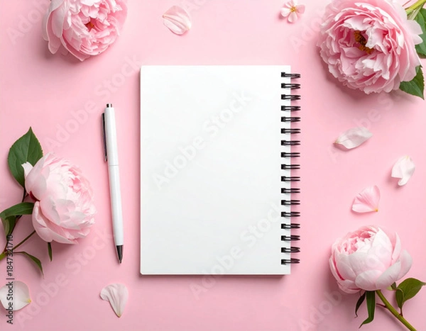 Obraz ジャーナリング用のノートとペン　瞑想　日記　ピンク背景　
