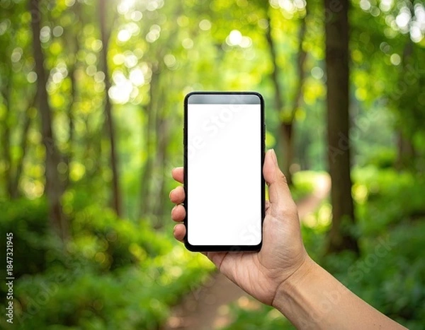 Obraz Hand holding phone with blank screen in sunlit forest
