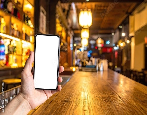 Obraz Hand holding blank phone screen in a dimly lit bar, blurred background
