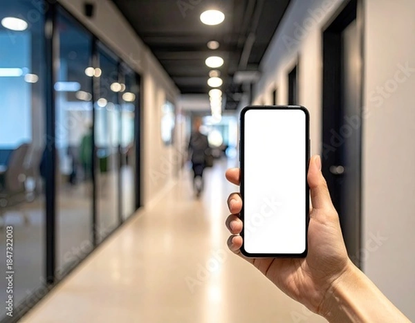 Obraz Hand holds phone w/ blank screen in office hallway with blurred person
