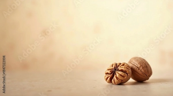 Obraz Two brown nuts on textured surface walnuts food