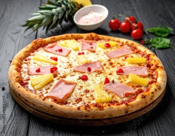 Obraz Close-up of a freshly baked pizza with pineapple and ham on a wooden surface