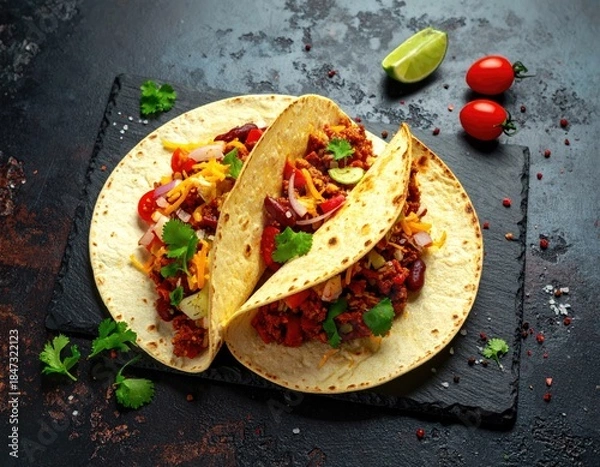 Obraz Two tacos with fillings and garnish, on a dark, textured surface