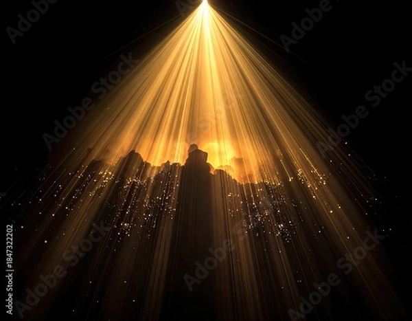 Obraz Golden light beams illuminate silhouetted shapes against a dark backdrop