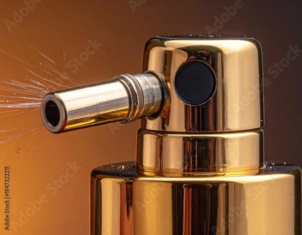 Obraz Macro shot of a golden perfume sprayer expelling a fine mist