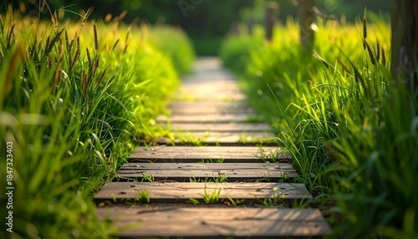 Obraz Wooden path in bright grass