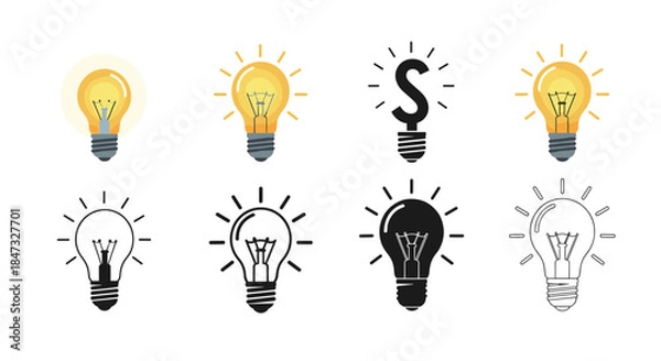 Fototapeta A versatile collection of light bulb icons representing ideas and innovation, shown in flat color, outline, and a money-making concept.