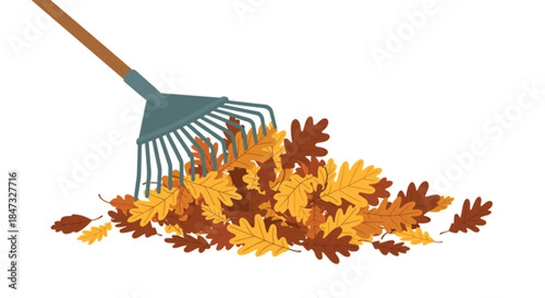 Fototapeta A garden rake gathering a large pile of colorful brown and yellow oak leaves during autumn yard work, in a flat illustration style.