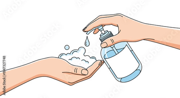 Fototapeta A person dispensing foaming soap or hand sanitizer from a pump bottle into their cupped hand to wash and disinfect for hygiene.