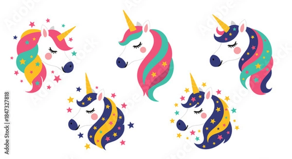 Fototapeta A cute collection of five cartoon unicorn heads with colorful manes and horns, surrounded by stars for a magical fairytale theme.
