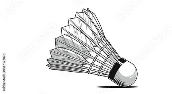 Fototapeta A highly detailed black and white illustration of a badminton shuttlecock with feathers, drawn in a classic engraving or woodcut style.