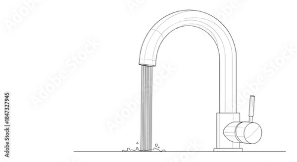 Fototapeta A modern kitchen faucet with water running into a sink, depicted in a clean and simple black and white architectural line drawing.