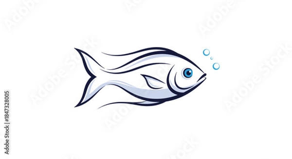 Fototapeta A stylized blue and white fish with bubbles coming from its mouth, illustrated in a simple brush stroke style for a seafood logo.