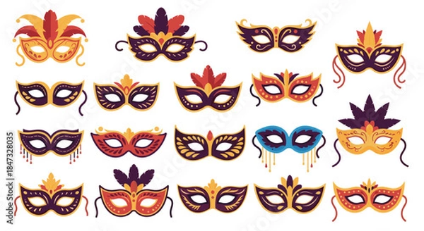 Fototapeta A large set of colorful and ornate Venetian-style carnival masks with feathers and ribbons, perfect for a Mardi Gras celebration.