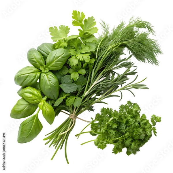 Obraz Fresh Green Culinary Herbs Bundle on transparent background