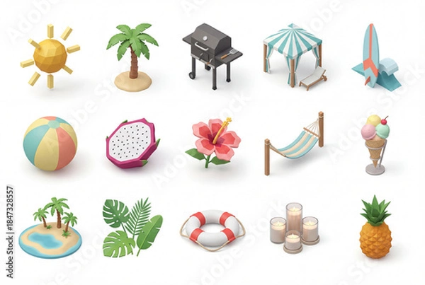 Fototapeta Tropical island and beach vacation isometric 3d icon collection isolated on white background. Summer holiday elements including palm tree, hammock, surfing, island and cabana