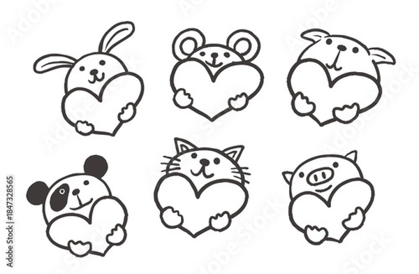 Obraz イラスト素材・可愛い動物のアイコンセット（モノクロ）