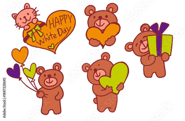 Obraz カットイラスト素材・手描きの熊と猫のセット