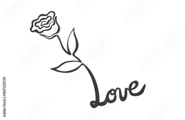 Obraz 手書き素材・一筆書きで描いたバラとLOVE