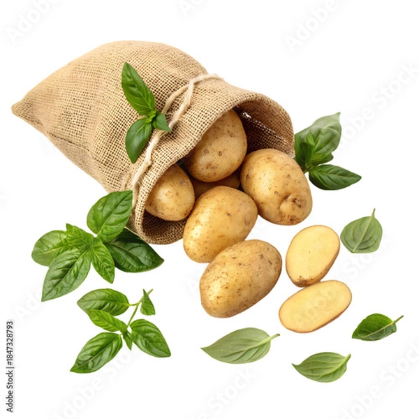 Obraz Fresh Potatoes & Basil, Rustic Sack on transparent background