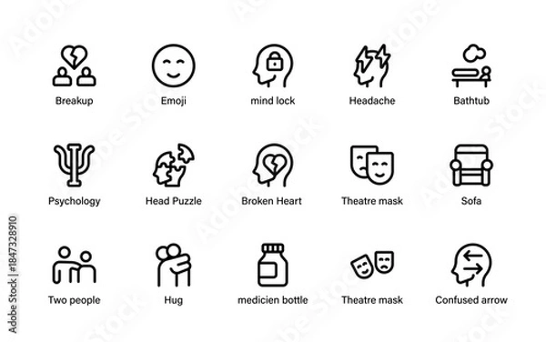 Fototapeta Psychology mental wellness symbol icons. Premium icon set featuring brain activity, emotions, therapy concepts, mindfulness and human behavior