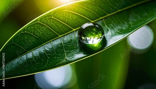 Obraz 水滴 葉 マクロ クローズアップ 緑 グリーン 自然 雫 透明 輝き 反射 清潔感 瑞々しい 露 生命 環境 晴れやか 焦点 鮮やか 健やか