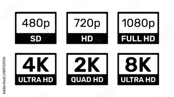 Obraz Video resolution labels. Black and White Icon Set: 480p SD to 8K Ultra HD Vector Icon