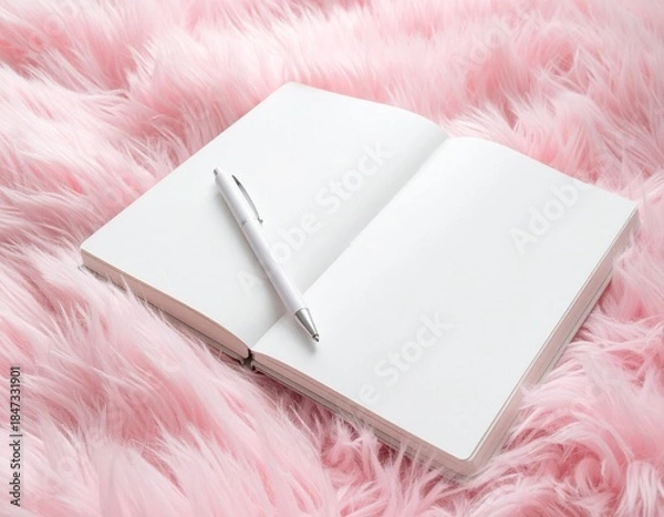 Obraz ジャーナリング用のノートとペン　瞑想　日記　ピンク背景　