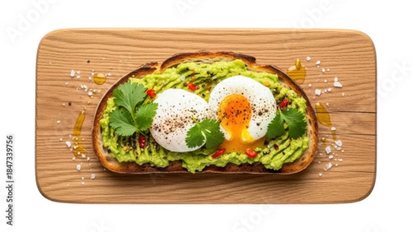 Fototapeta Delicious avocado toast with poached eggs on wooden board isolated on transparent background