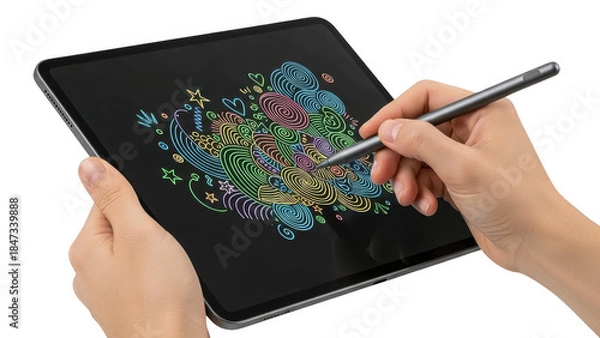 Fototapeta Hands holding tablet with colorful digital drawing on screen isolated on transparent background