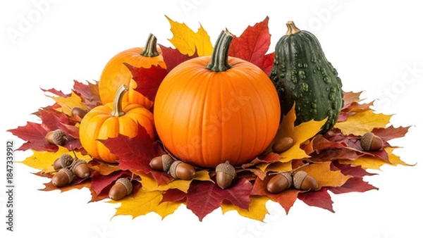 Fototapeta A vibrant arrangement of pumpkins and gourds with fall leaves and acorns isolated on transparent background