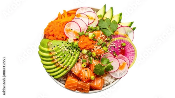 Fototapeta Vibrant sushi bowl with salmon avocado and vegetables on a plate isolated on transparent background