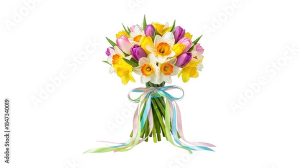 Fototapeta Vibrant bouquet of tulips with colorful ribbons tied around the stems isolated on transparent background