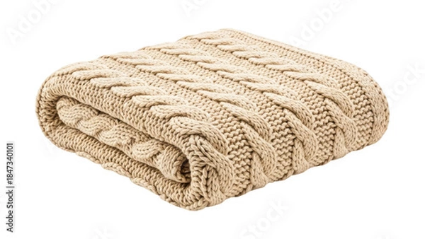 Fototapeta A folded beige knitted blanket with a cable knit pattern on a transparent background