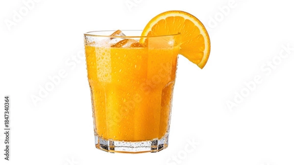 Fototapeta A refreshing glass of orange juice with ice and a slice isolated on transparent background