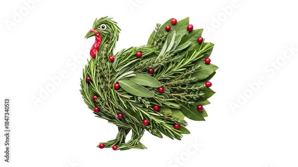 Fototapeta Green turkey figurine with red berries isolated on transparent background