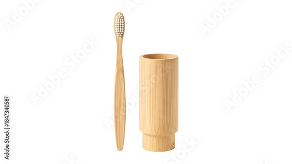 Fototapeta Bamboo toothbrush and holder set on transparent background